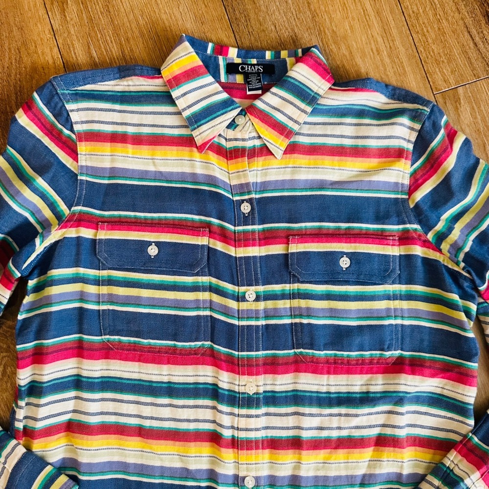 Chaps Denim Womens Medium Striped Button Down Shirt L/S Multi Color Cotton‎